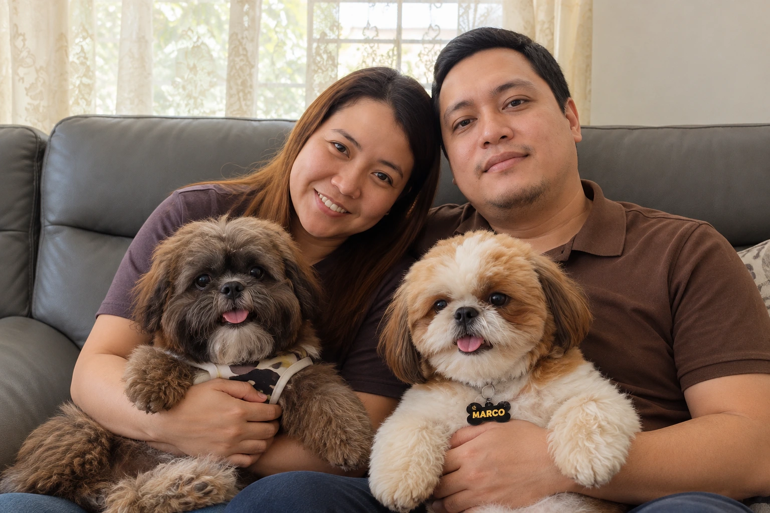 AI-composed family portrait of DJ, Lover Mae and their dogs, Takopi and Marco